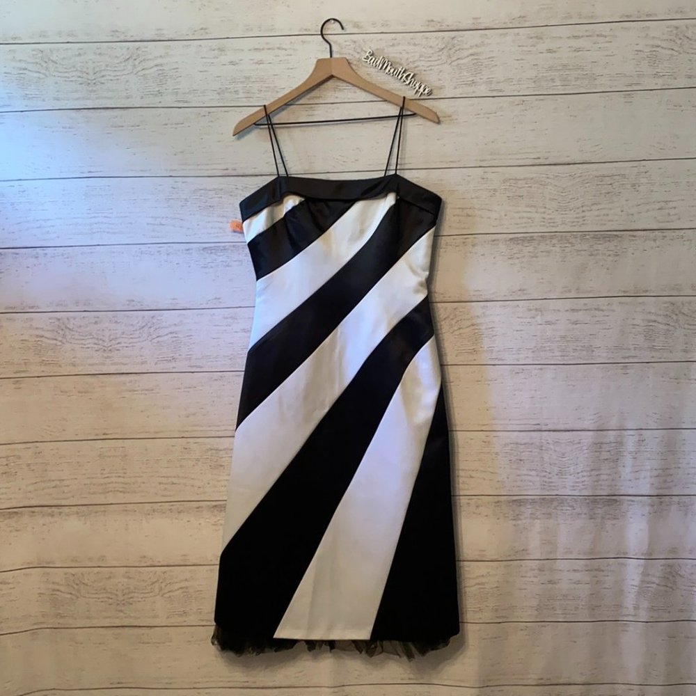 Vintage 00s Black and White Stripe Midi Formal Spaghetti Strap Dress